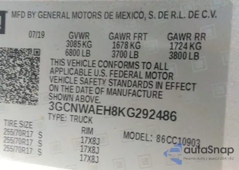 2019 Chevrolet Silverado 1500 Work Truck from USA, damaged, VIN 3GCNWAEH8KG292486